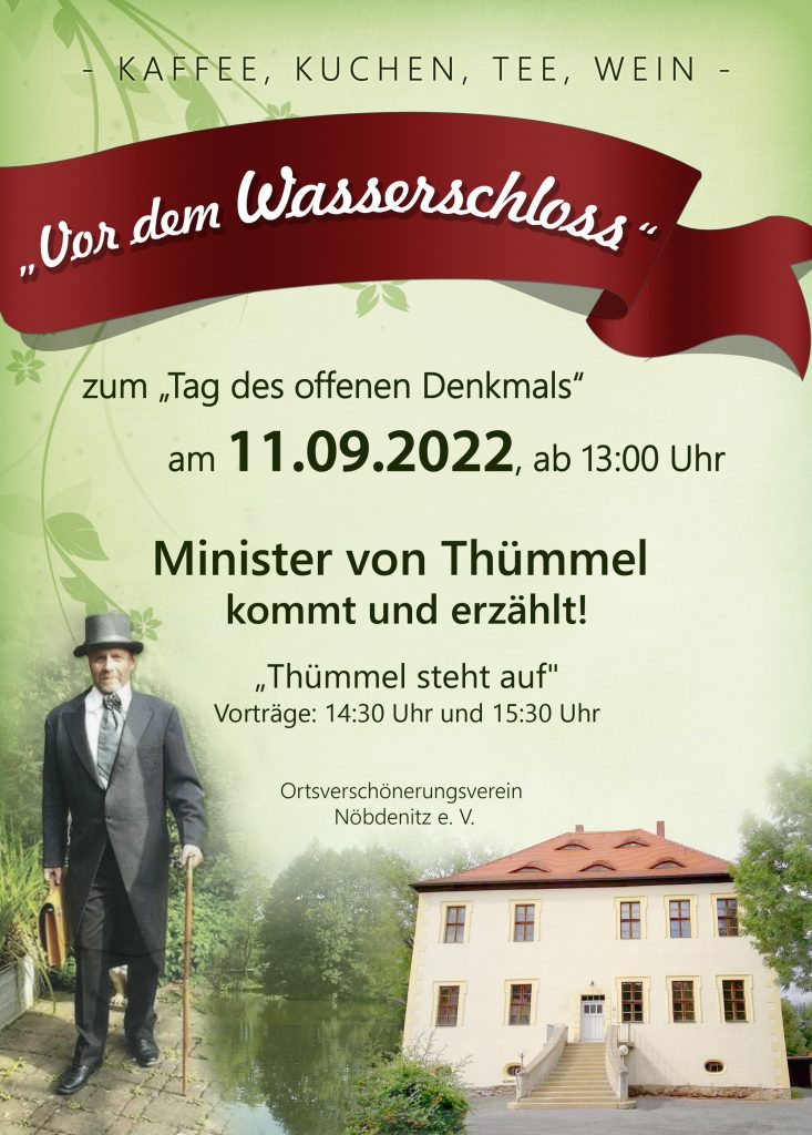 Plakat zum Tag des offenen Denkmals am Wasserschloss Nöbdenitz mit Schloss und Thümmel-Schauspieler